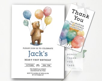 Teddy Bear Invitation Beary First Birthday Editable Bear Birthday Invitation Any Age Bear with Balloons Invite Printable Template
