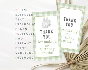 Green Gift Tags Instant Print and Editable Bunny Tags Printable Rabbit Favor Tags Editable Green Thank You Tags Instant Download