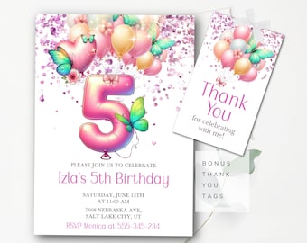 5th Birthday Invitation Template Editable Girl Birthday Invitation Pastel Number Five Fifth Birthday Invite Instant Download Digital BP1