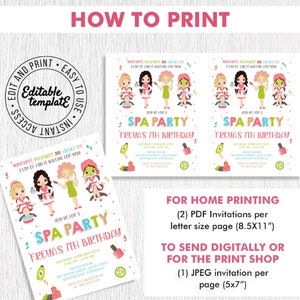 May include: Printable spa party invitation featuring a pink and white colour scheme with illustrations of girls getting facials and manicures. The text reads "Join us for a Spa Party Freya's 7th Birthday".