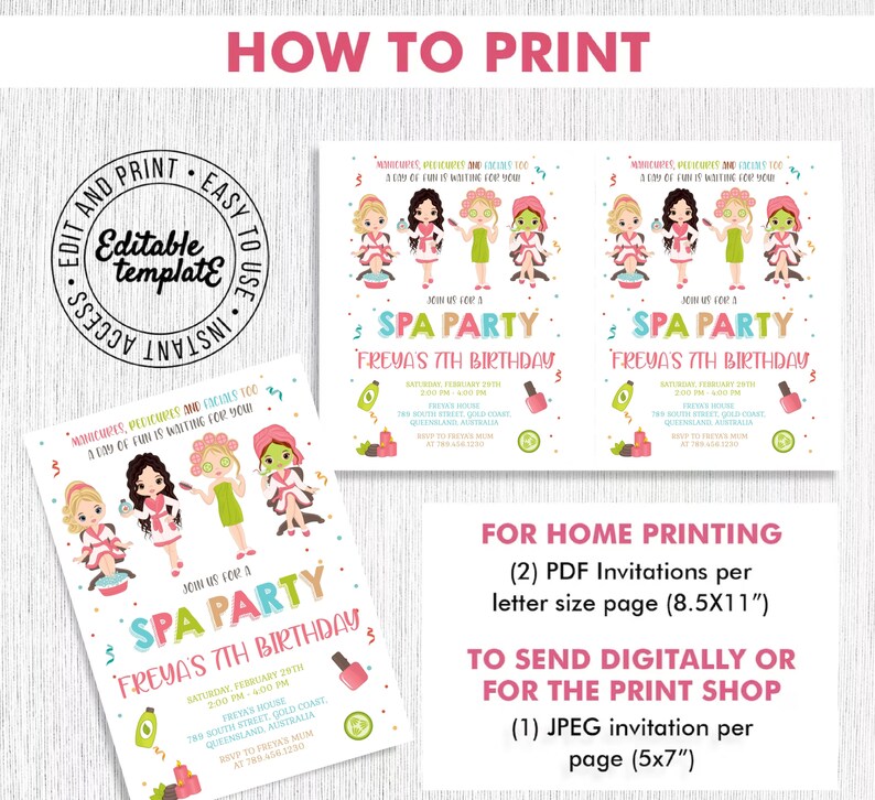 May include: Printable spa party invitation featuring a pink and white colour scheme with illustrations of girls getting facials and manicures. The text reads "Join us for a Spa Party Freya's 7th Birthday".