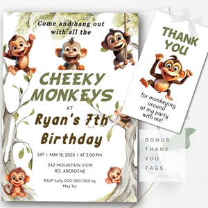 Bewerkbare Cheeky Monkey-uitnodiging Monkey Instant verjaardagsuitnodiging Bewerkbare Monkeys-uitnodiging Instant download Monkey Party