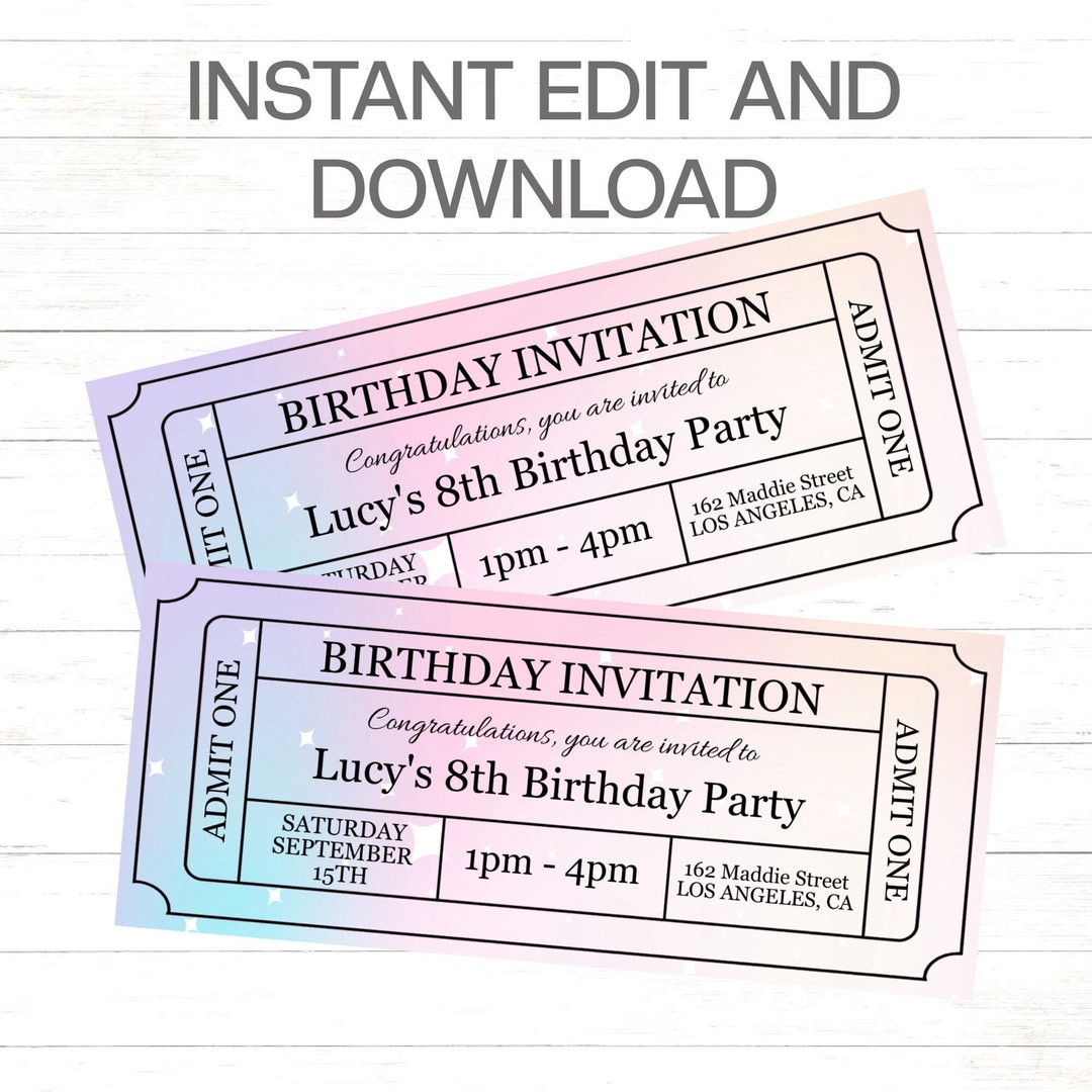 Rainbow Birthday Invitation Editable Rainbow Ticket Invitation Template ...