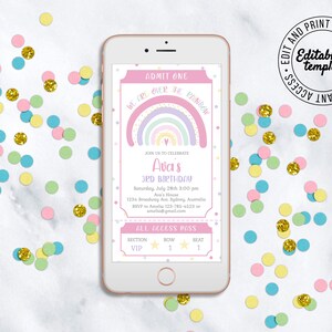 Bearbeitbare Regenbogen-Einladung Mädchen-Geburtstags-Ticket-Einladung Boho-Regenbogen-Text-Einladungskarte Regenbogen-Geburtstagseinladung
