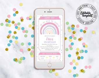 Editable Rainbow Invitation Girls Birthday Ticket Invitation Boho Rainbow Text Invitation Ticket Rainbow Birthday Invitation