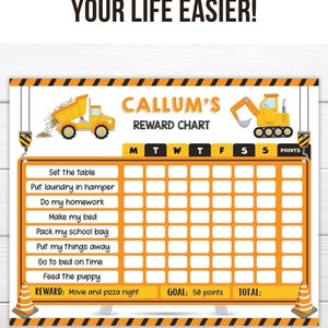 Könnte beinhalten: Ein druckbarer Belohnungsplan für Kinder mit einem Bau-Thema. Der Plan hat ein gelbes und oranges Farbschema mit Bildern eines Muldenkippers und eines Baggers. Er enthält ein Raster mit Feldern für jeden Tag der Woche und ein Punktesystem. Der Plan ist mit "Callum's Belohnungsplan" betitelt und enthält eine Liste von Aufgaben wie "Tisch decken", "Wäsche in den Korb legen", "Hausaufgaben machen", "Bett machen", "Schultasche packen", "Sachen wegräumen", "Pünktlich ins Bett gehen" und "Welpen füttern". Die Belohnung ist "Film und Pizzaabend" und das Ziel sind 50 Punkte.