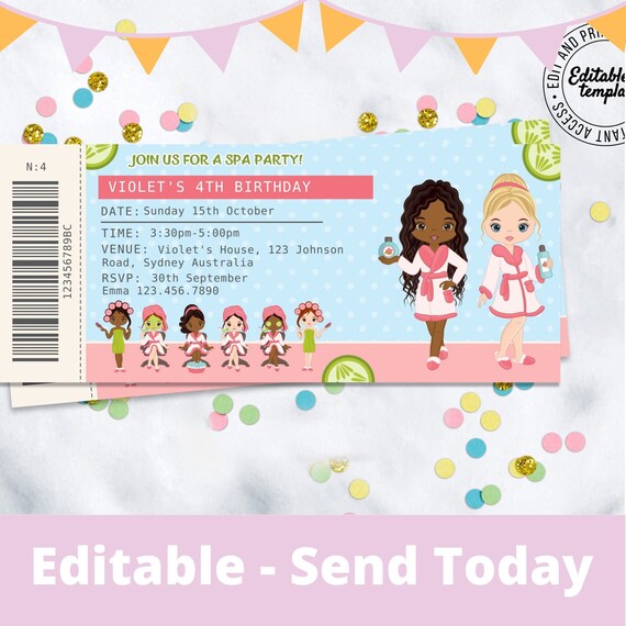 Spa Party ticket invitation, Ticket Spa Birthday Invitation that you edit, download instantly and print instantly. Ticket invitation Il_570xn