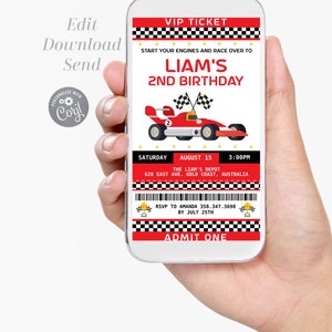May include: A red and black VIP ticket for Liam's 2nd birthday party. The ticket has a checkered pattern and a cartoon race car. The event is at The Liam's Depot on August 15th at 3:00 PM. RSVP to Amanda by July 25th.