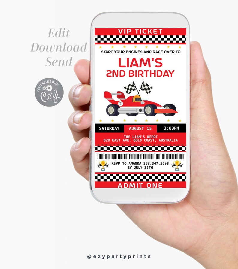 May include: A red and black VIP ticket for Liam's 2nd birthday party. The ticket has a checkered pattern and a cartoon race car. The event is at The Liam's Depot on August 15th at 3:00 PM. RSVP to Amanda by July 25th.