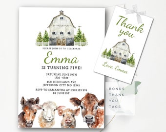 Farm Birthday Invitation Editable Template + Bonus Tags Barn Animals Party Invite Ranch Kids Birthday Barnyard Animals Instant Download SF1