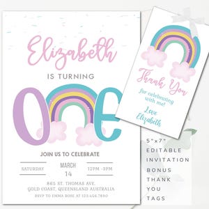Editable Rainbow Birthday Invitation Girls Pastel 1st Birthday Invitation Girls First Birthday Party Invitation Rainbow Party Birthday P2