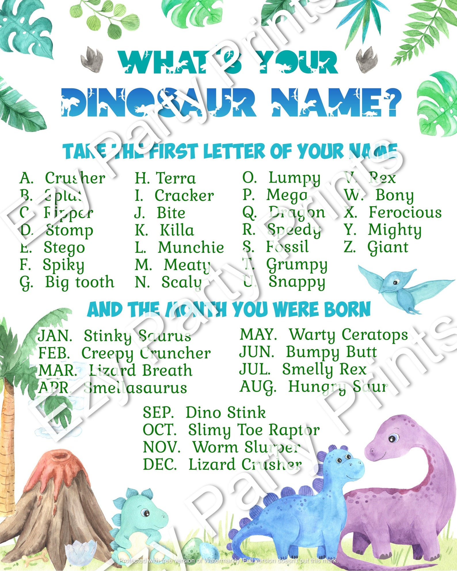 What's your Dinosaur Name game. INSTANT DOWNLOAD Instant Etsy