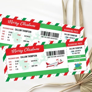 Modello modificabile per biglietto aereo di Natale Modello stampabile per biglietto aereo di Natale falso. Modello regalo di viaggio a sorpresa di Natale
