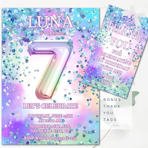 Invitación de séptimo cumpleaños con purpurina editable Invitación de séptimo cumpleaños editable Invitación de niñas con arcoíris en papel de aluminio pastel 7.° cumpleaños de niña GP3