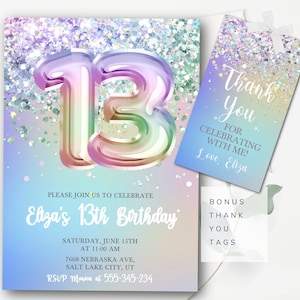 Modèle d&#39;invitation pour 13e anniversaire de fille, Invitation d&#39;anniversaire scintillante Modèle d&#39;invitation modifiable pour adolescente, édition instantanée GP2