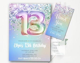 May include: A printable invitation for a 13th birthday party with a rainbow iridescent glitter background and a large number 13 in rainbow colors. The text reads "Please join us to celebrate Elza's 13th Birthday. Saturday, June 15th at 11:00 AM. 7668 Nebraska Ave, Salt Lake City, UT. RSVP Monica at 555-345-234". The invitation also includes a thank you tag that reads "Thank You for celebrating with me! Love, Eliza".
