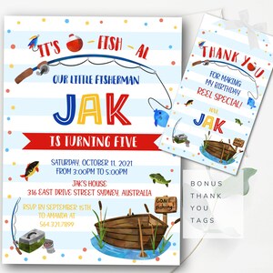 Modello di invito per la pesca Invito per festa di compleanno di pesca modificabile Andato a pesca È O-Fish-al Piccolo pescatore Invito FBB2