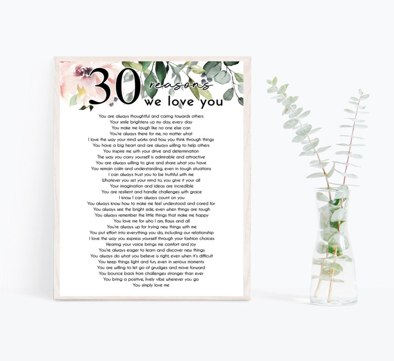 30 Reasons Why We Love You Poster Template Printable 30th Gift for Her ...