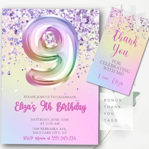 Editable 9th Birthday Invitation Template Girls Glitter Birthday Invite Foil Number Nine Girl Ninth Birthday Instant Download GP1