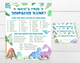Wat is jouw Dinosaur Name-spel. Direct downloaden Direct afdrukbaar gezelschapsspel. Bewerkbaar verjaardagsfeestspel, Dinosaurus afdrukbaar spel DIN1