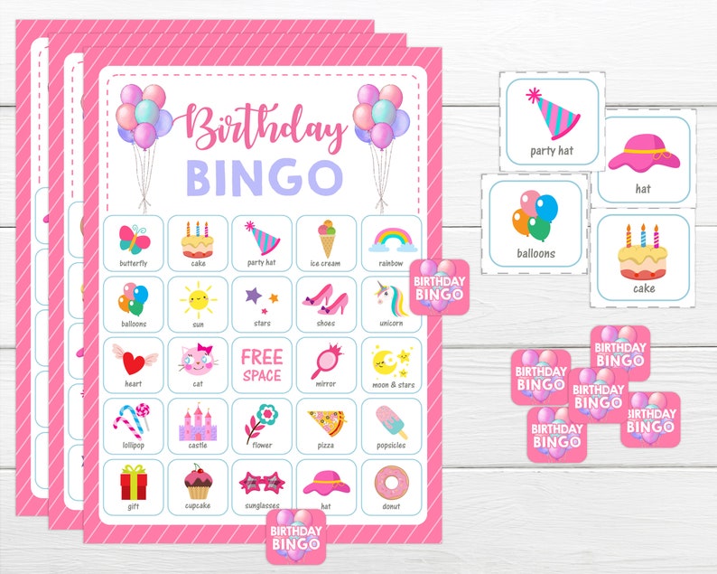 May include: A pink and white printable birthday bingo card with images of a cake, party hat, ice cream, rainbow, balloons, sun, stars, shoes, unicorn, heart, cat, mirror, moon and stars, lollipop, castle, flower, pizza, popsicles, gift, cupcake, sunglasses, hat, and donut. The card has the words "Birthday Bingo" at the top and "Free Space" in the center.