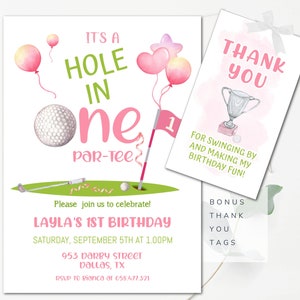 Hole In One Girls Golf Invitation Golf First Birthday Invitation Golfing Girl Invitation Golf Party Pink Golf Invite BONUS Thank You Tags