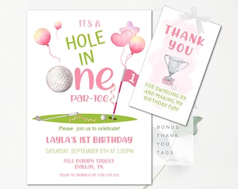 Hole In One Girls Golf Invitation Golf First Birthday Invitation Golfing Girl Invitation Golf Party Pink Golf Invite BONUS Thank You Tags