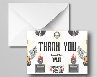 Birthday thank you cards, Set of 4 Rock Birthday Thank You Cards, Rock Birthday Party Thank you tags, Rock and Roll Card Template, Heavy