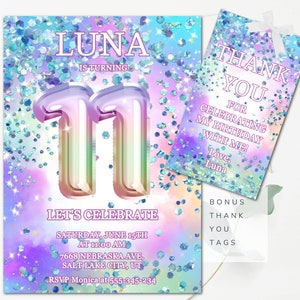 Girls 11th Birthday Invitation Editable Glitter Birthday Invitation Editable Girls Eleventh Birthday Invitation Instant download Pastel GP3