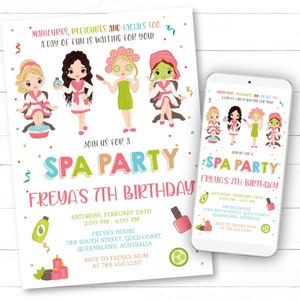 May include: Spa party invitation with a pink, blue and green colour scheme. The invitation features a cartoon illustration of four girls getting pampered at a spa. The text on the invitation reads "Join us for a Spa Party Freya's 7th Birthday".
