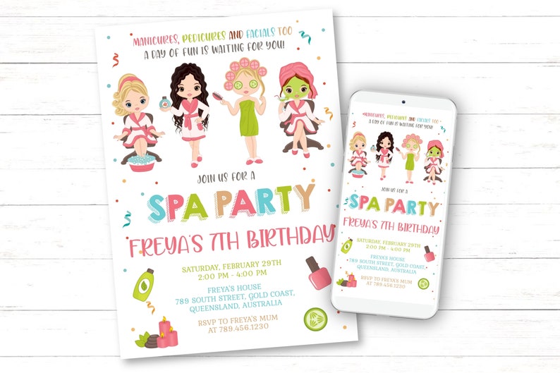 May include: Spa party invitation with a pink, blue and green colour scheme. The invitation features a cartoon illustration of four girls getting pampered at a spa. The text on the invitation reads "Join us for a Spa Party Freya's 7th Birthday".