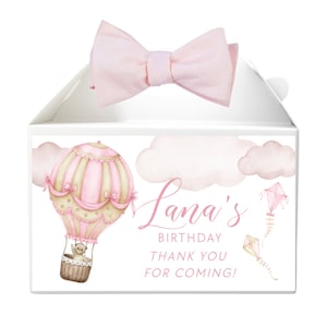 Rosa Heißluftballon-Geburtstags-Giebel-Geschenkbox Etikett Bearbeitbarer Ballon-Gable-Box-Etikett Der erste Geburtstag des Mädchens, Danke, Sofort-PA