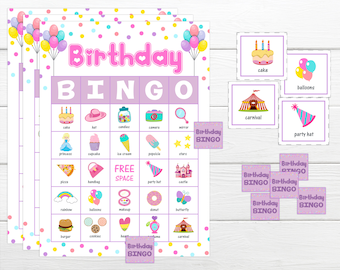 Birthday Bingo Game - Purple instant print Bingo, Printable bingo game to download instantly, Family game, Girls bingo game child's party