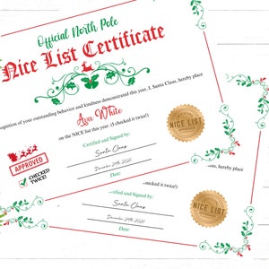Certificato Nice List di Babbo Natale Certificato Nice List di Babbo Natale Certificato modificabile di Babbo Natale Scarica e stampa immediatamente