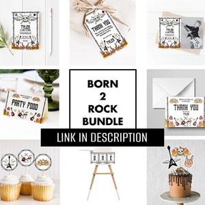 May include: A printable set of rock and roll themed party decorations for a first birthday. The set includes invitations, thank you cards, food labels, cupcake toppers, a banner, and a cake topper. The decorations feature a skull and crossbones, guitars, drums, and flames.
