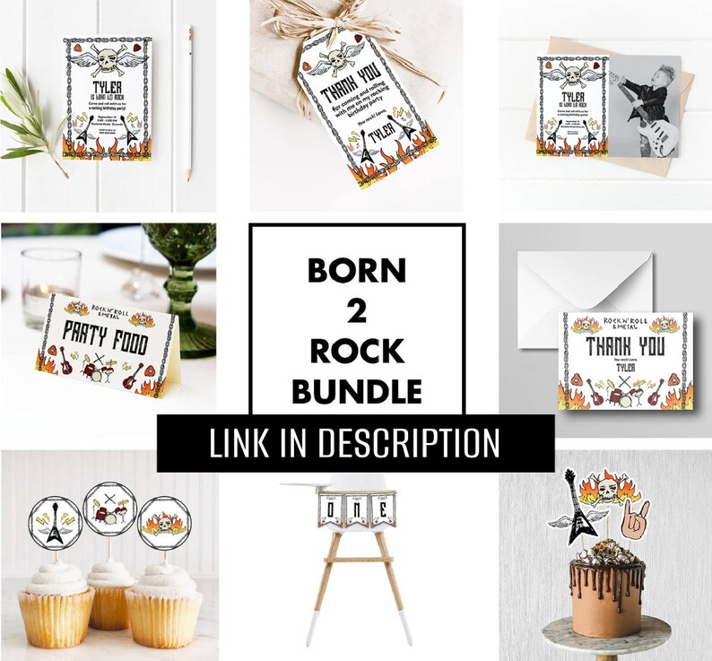 May include: A printable set of rock and roll themed party decorations for a first birthday. The set includes invitations, thank you cards, food labels, cupcake toppers, a banner, and a cake topper. The decorations feature a skull and crossbones, guitars, drums, and flames.