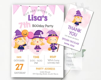 Girls Halloween Birthday Invitation Witches Birthday Invitation Template Editable Halloween Birthday Party BONUS Witchy Thank You Tags