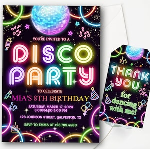 Editable Disco Party Birthday Invitation Disco Birthday Invites Dance Party Template Neon Party Invites Editable Glow 70s Birthday Party