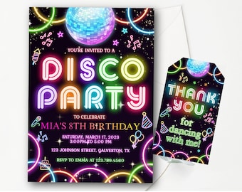 Editable Disco Party Birthday Invitation Disco Birthday Invites Dance Party Template Neon Party Invites Editable Glow 70s Birthday Party