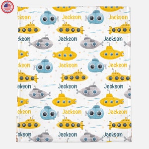 Submarine Baby Boy Blanket, Underwater Personalized Blanket, Ocean Minky Lovey, Nautical Nursery Bedding,Monogram name Navy Blanket Baby Boy