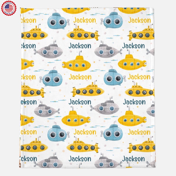 Submarine Baby Boy Blanket, Underwater Personalized Blanket, Ocean Minky Lovey, Nautical Nursery Bedding,Monogram name Navy Blanket Baby Boy