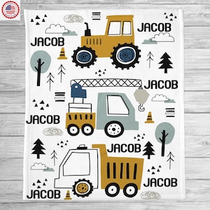 Personalized Construction Blanket ,Personalized Baby Blanket ,Construction Truck Blanket, Dump Truck Baby Name Blanket, Matching Pillowcase