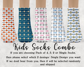 May include: Five pairs of colorful kids socks with different sports themes. The socks feature a repeating pattern of basketballs, baseballs, soccer balls, volleyballs, and names. The socks are available in packs of 4, 3, 2, or as single socks.  Kids Socks Combo.