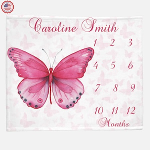 Baby Milestone Blanket-Butterfly Personalized Baby Blanket, Personalized Month Growth Track,Minky Baby Blanket, Toddler Blanket
