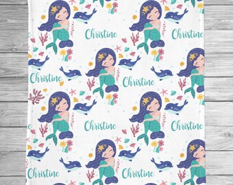 Personalized Mermaid Baby Blanket /Plush Sherpa Personalized Baby Girl Shower Gift ,Custom Ocean Blanket, Hospital Newborn Gift