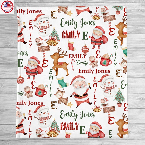 Personalized Watercolor Christmas Baby Name Blanket, Holiday Blanket, 2022 Christmas Gift, Santa Reindeer Snowman Christmas Blanket