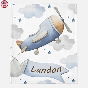 Personalized Watercolor Airplane Blanket -Airplane Throw Blanket-Custom Baby Name Blanket, Matching pillow- Custom Airplane Pillowcase