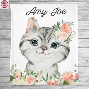 Floral Cat Personalized Baby Blanket, Baby Blanket, Name Baby Blanket, Baby Gift, Kitten Floral Nursery Blanket, Custom Matching Pillowcase