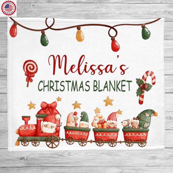 Personalized Watercolor Christmas Baby Name Blanket, Holiday Blanket, 2022 Christmas Gift,Christmas Train Blanket, Kids Santa Blanket