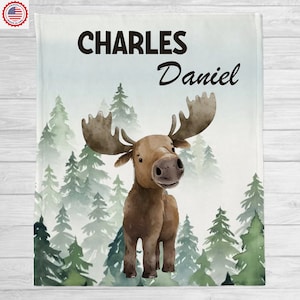 Boy Moose Blanket, Moose Baby Name Blanket, Personalized Moose Beach Towel, Moose Nursery Theme, Baby Shower Gift, Woodland Forest Blanket